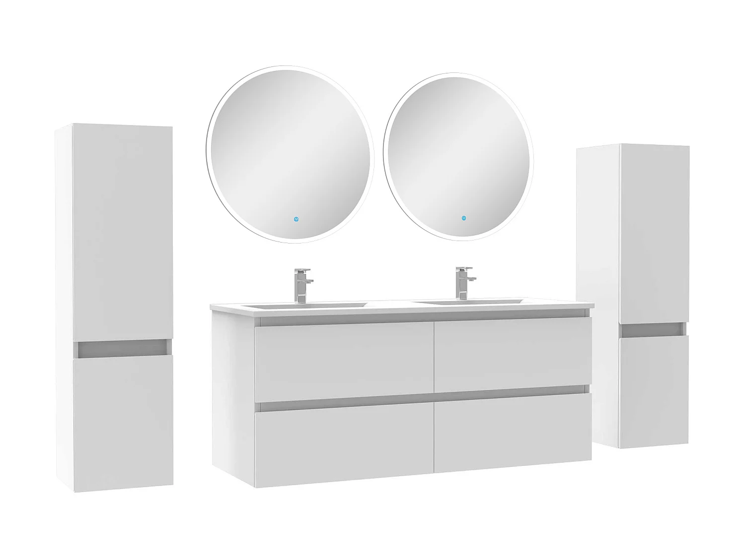 Ensemble meubles Salle de Bain avec colonne + miroir rond mural 120cm meuble blanc