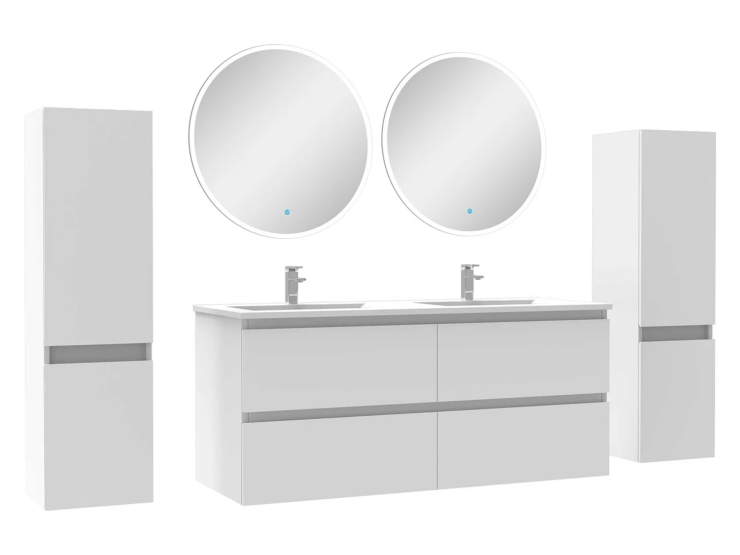 Ensemble meubles Salle de Bain avec colonne + miroir rond mural 120cm meuble blanc