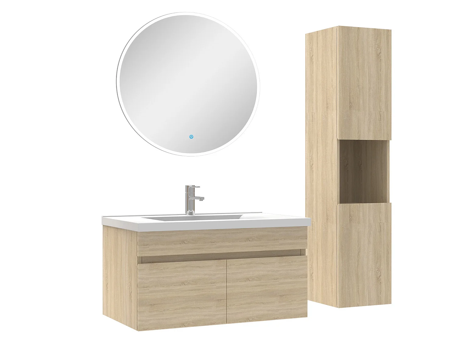 Ensemble Salle De Bain avec colonne et miroir rond 80cm meuble Chêne Wotan