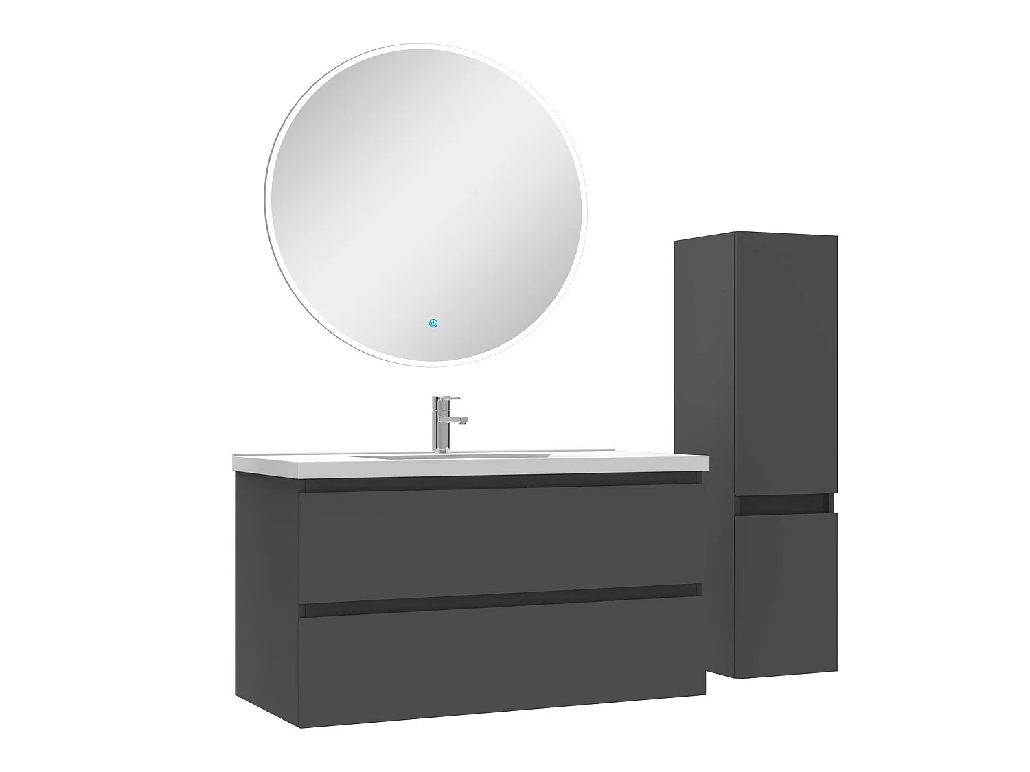 Ensemble meubles Salle de Bain 100cm vasque + colonne + miroir rond lumineux Anthracite