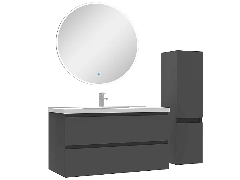 Ensemble meubles Salle de Bain 100cm vasque + colonne + miroir rond lumineux Anthracite