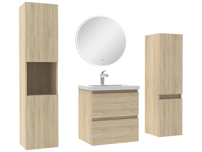 Ensemble meubles Salle de Bain 50cm vasque + colonne + miroir rond mural Chêne Wotan