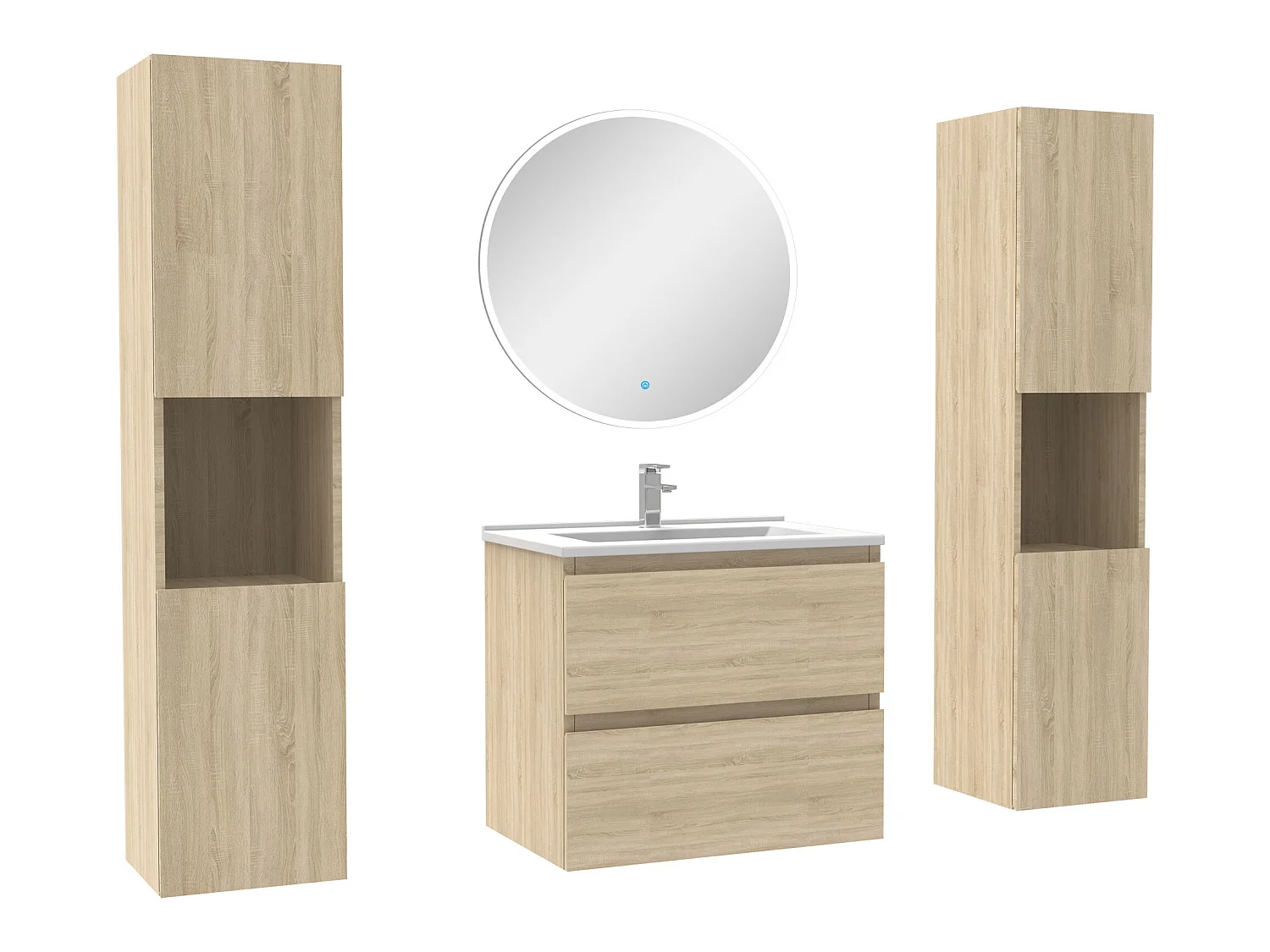 Ensemble meubles Salle de Bain avec colonne et miroir rond mural 60cm meuble Chêne Wotan