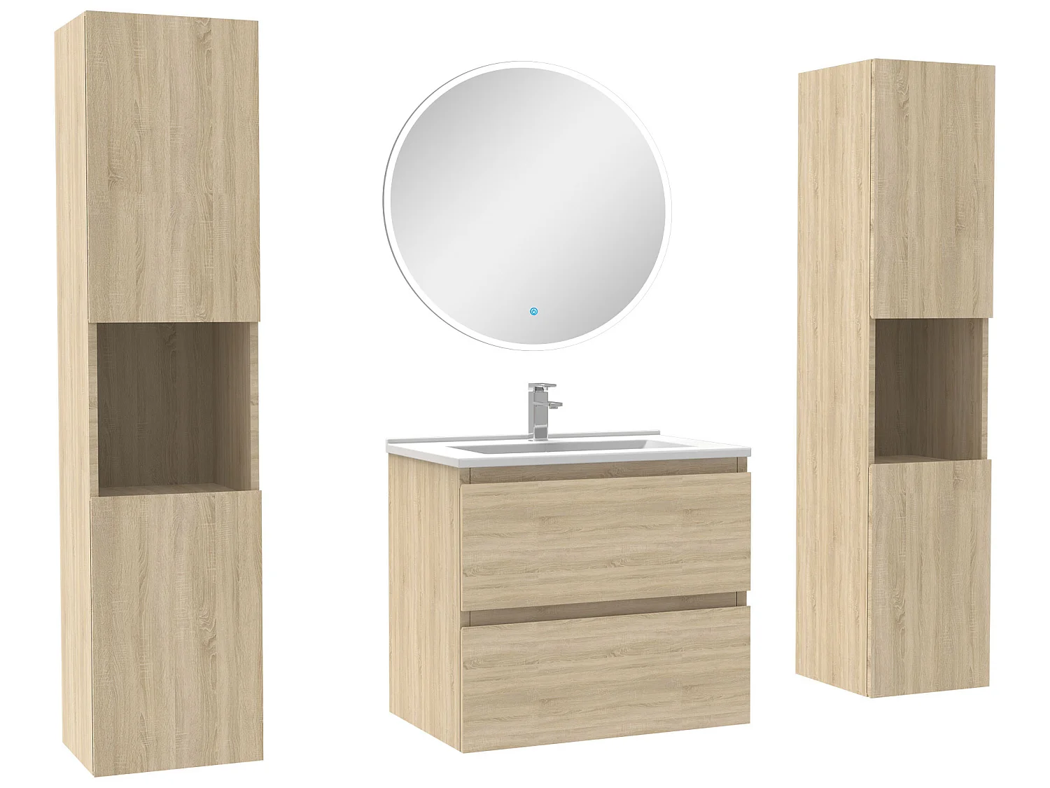 Ensemble meubles Salle de Bain avec colonne et miroir rond mural 60cm meuble Chêne Wotan