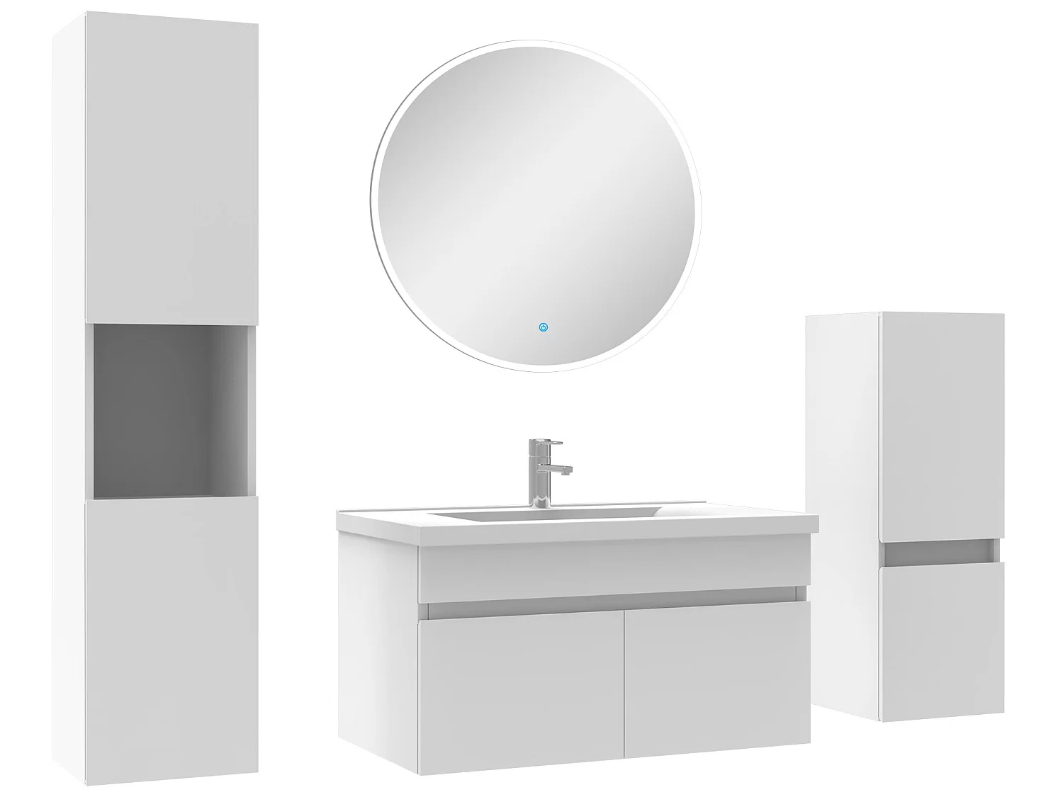 Meubles simple vasque 80cm,meuble acve colonne et miroir rond Blanc