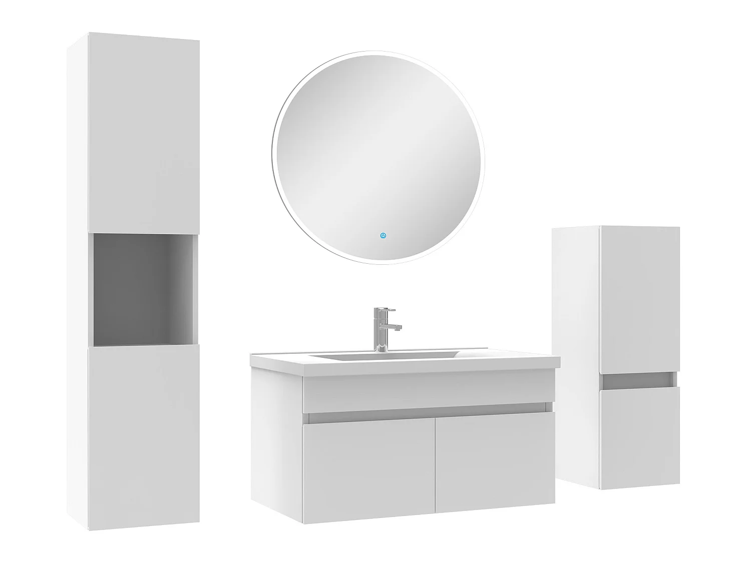 Meubles simple vasque 80cm,meuble acve colonne et miroir rond Blanc