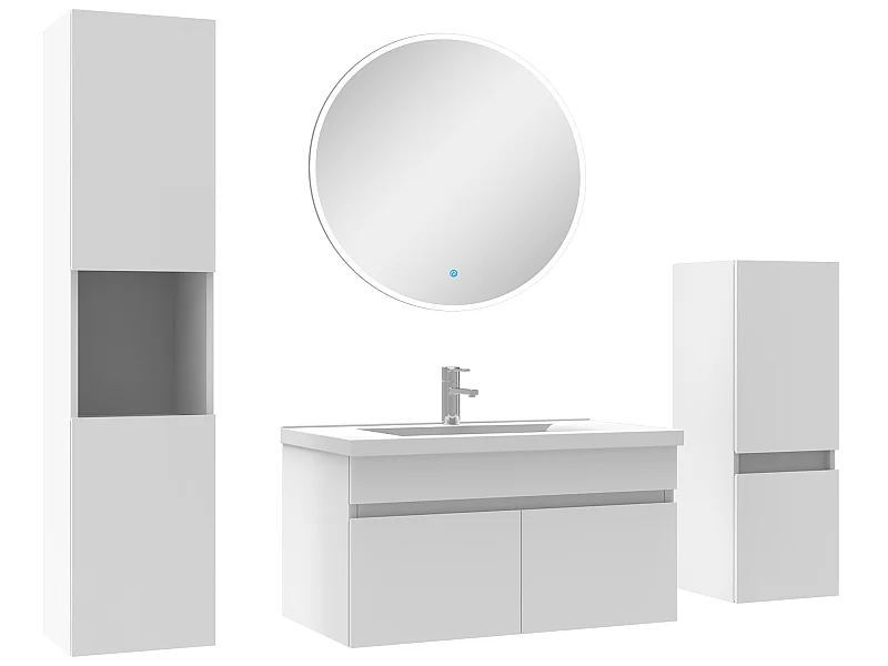 Meubles simple vasque 80cm,meuble acve colonne et miroir rond Blanc