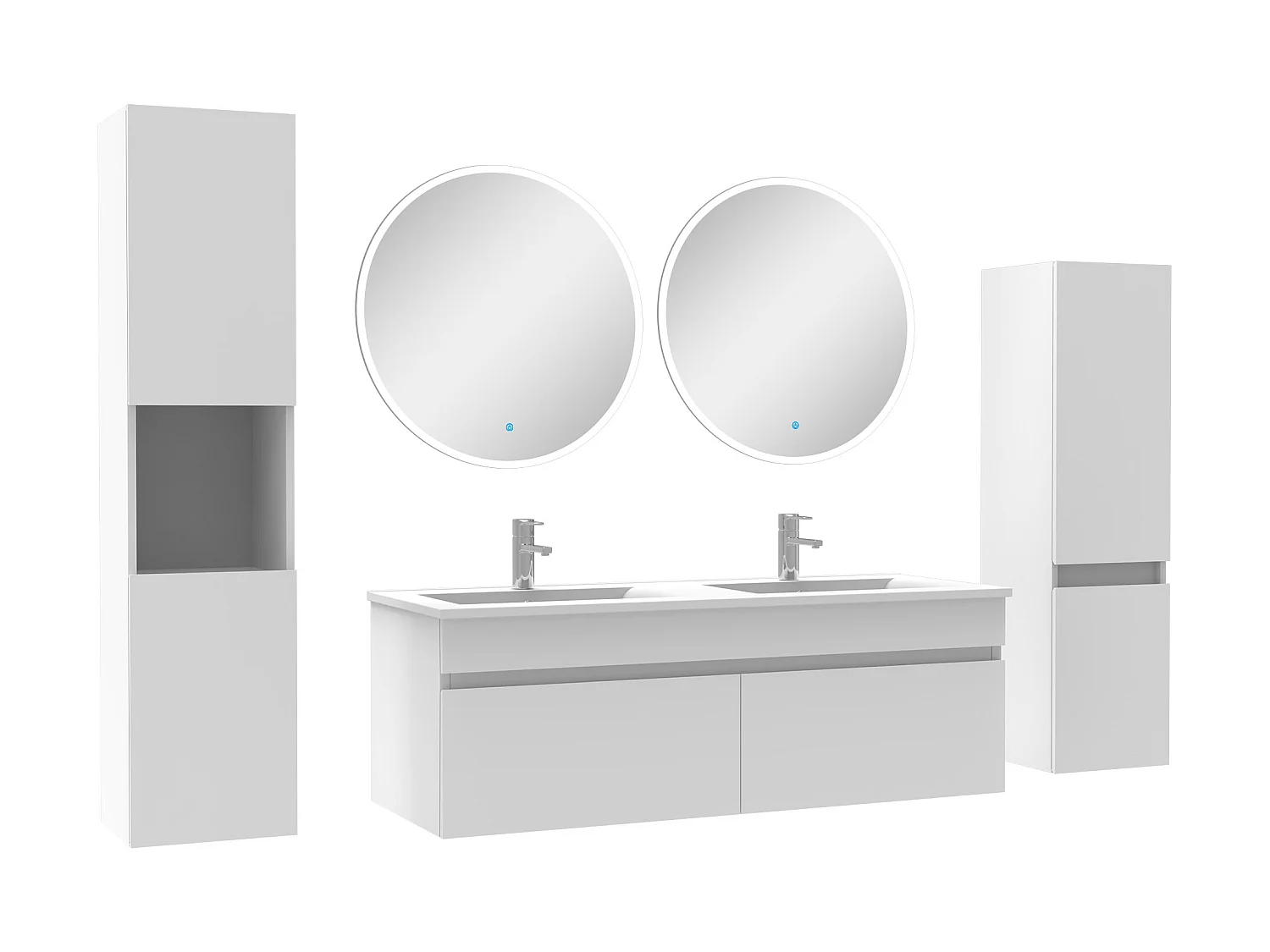Meuble Salle de Bain Blanc 120cm double vasque + colonne + miroir rond LED