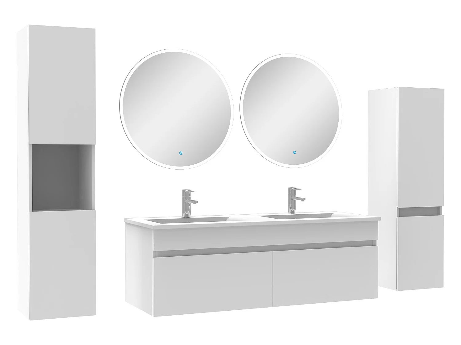 Meuble Salle de Bain Blanc 120cm double vasque + colonne + miroir rond LED