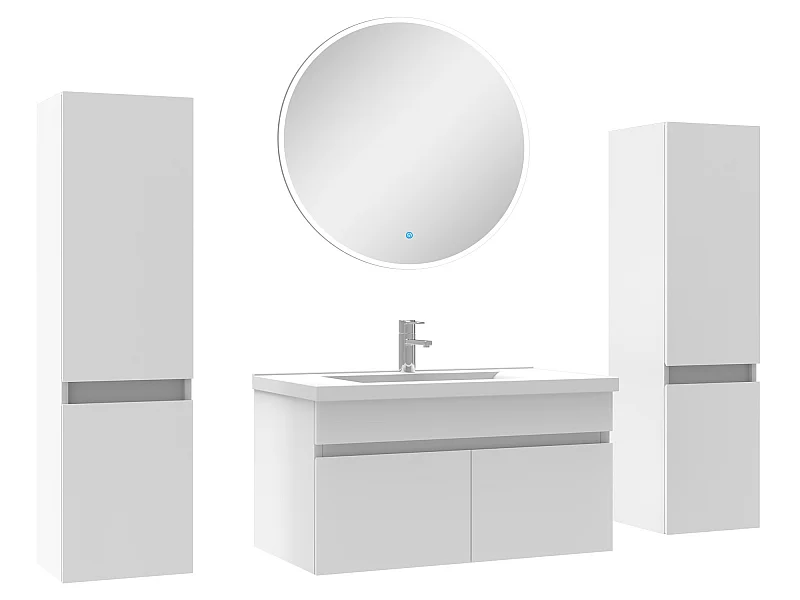 Ensemble meubles Salle de Bain simple vasque 80cm, colonnex2 + miroir rond Blanc