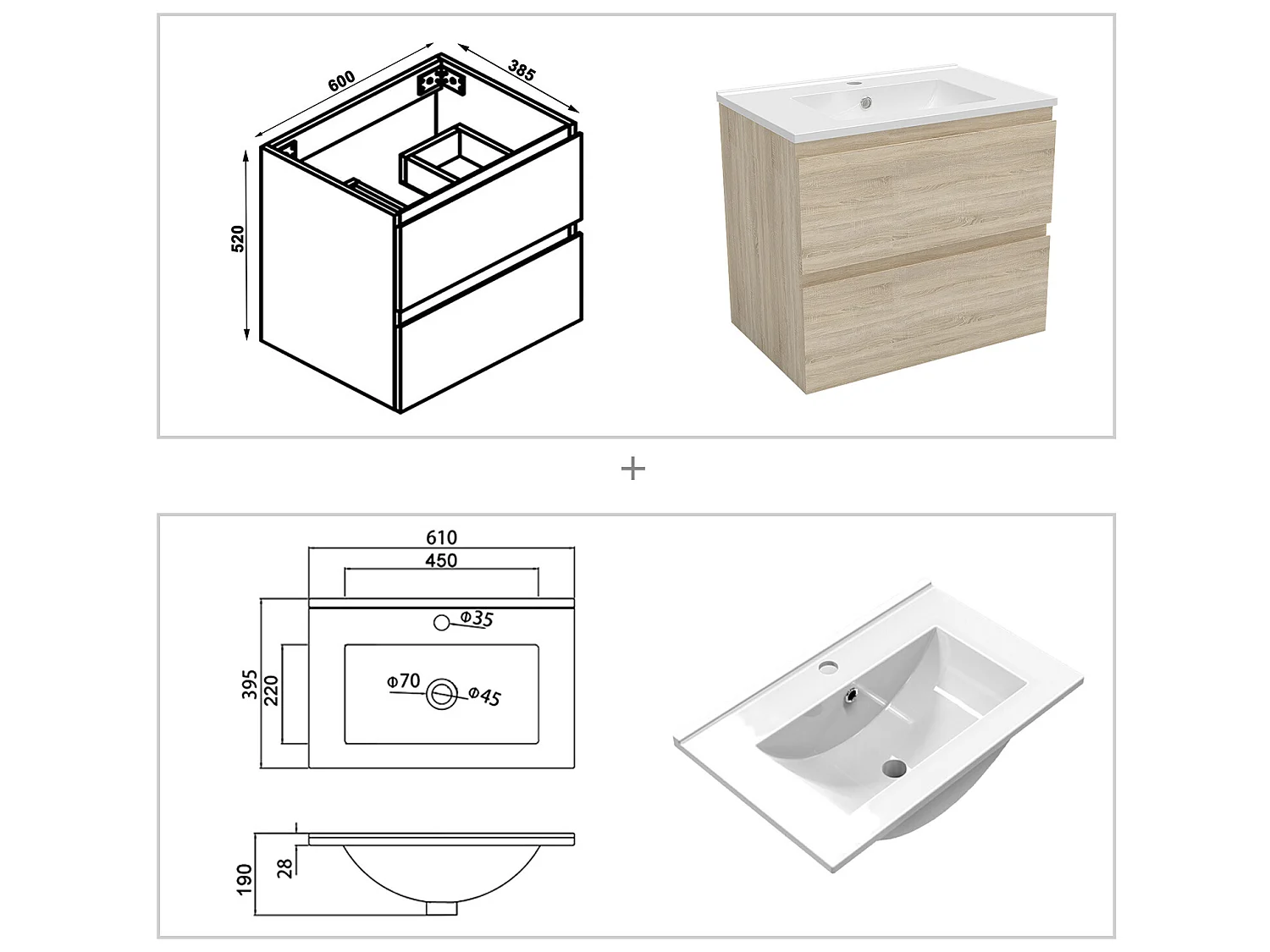 Ensemble meuble Salle de Bain Chêne Wotan 60cm simple vasque + miroir lumineux rond
