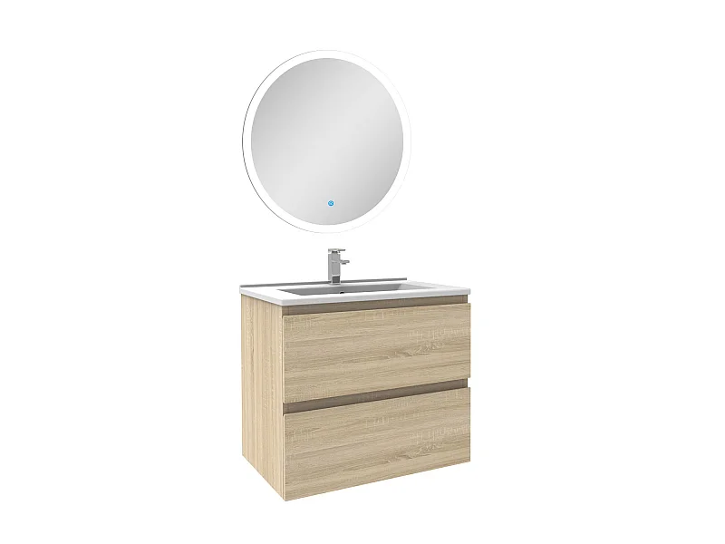 Ensemble meuble Salle de Bain Chêne Wotan 60cm simple vasque + miroir lumineux rond
