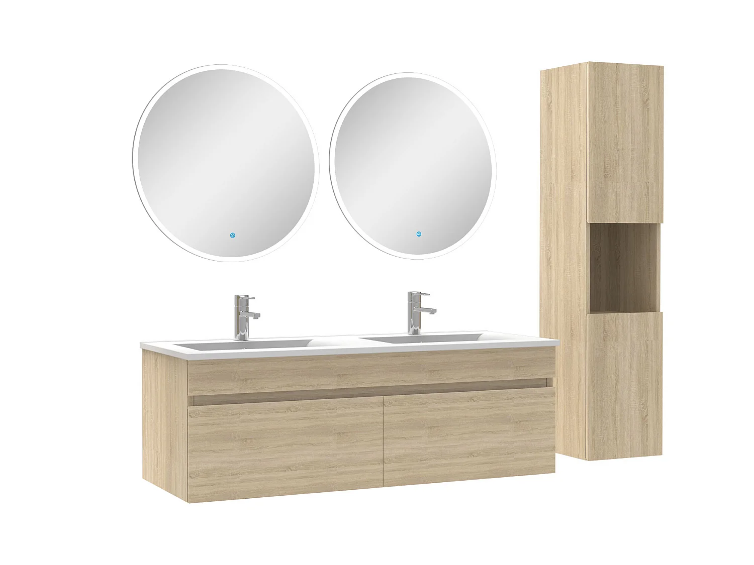 Ensemble Salle De Bain avec colonne et miroir rond 120cm meuble Chêne Wotan