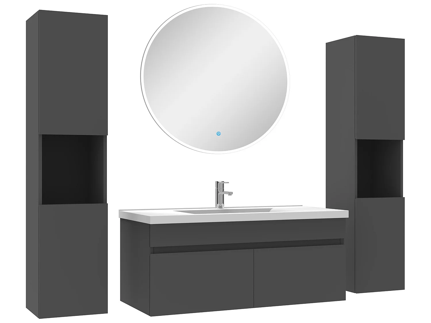 Ensemble meubles Salle de Bain simple vasque 100cm, colonnex2 et miroir rond Anthracite