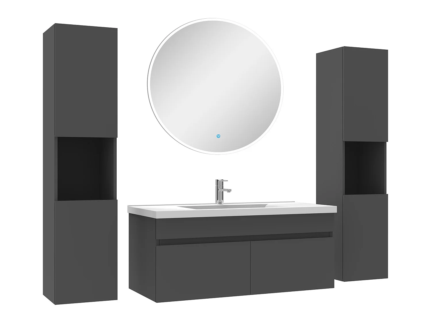 Ensemble meubles Salle de Bain simple vasque 100cm, colonnex2 et miroir rond Anthracite