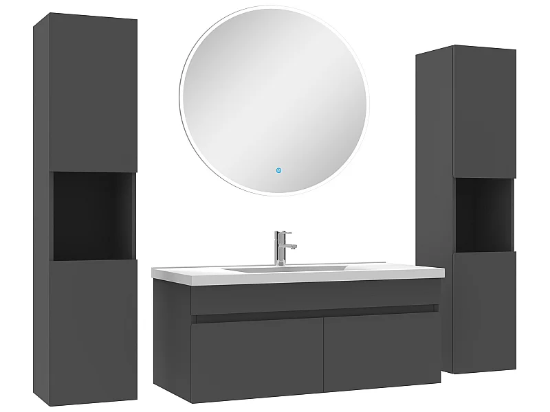 Ensemble meubles Salle de Bain simple vasque 100cm, colonnex2 et miroir rond Anthracite