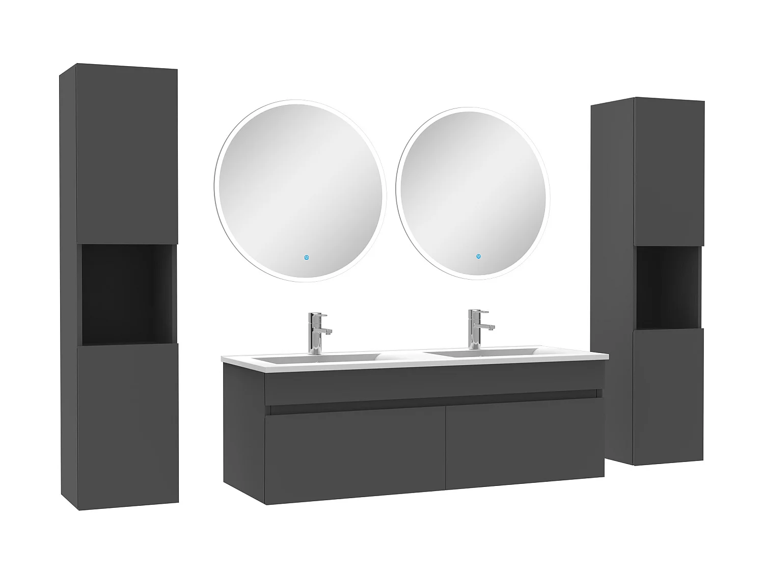 Ensemble meubles Salle de Bain double vasque 120cm, colonnex2 et miroir rond Anthracite