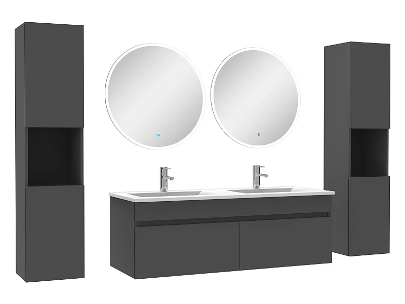 Ensemble meubles Salle de Bain double vasque 120cm, colonnex2 et miroir rond Anthracite