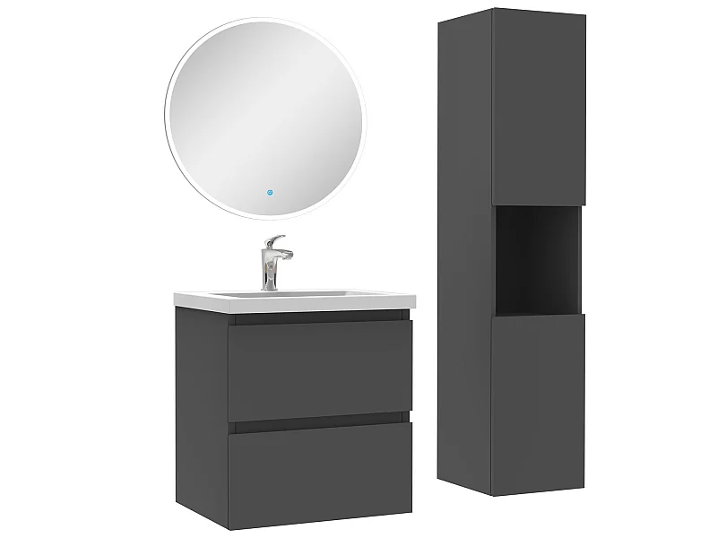 Ensemble meubles simple vasque 50cm,colonne + miroir rond lumineux Anthracite