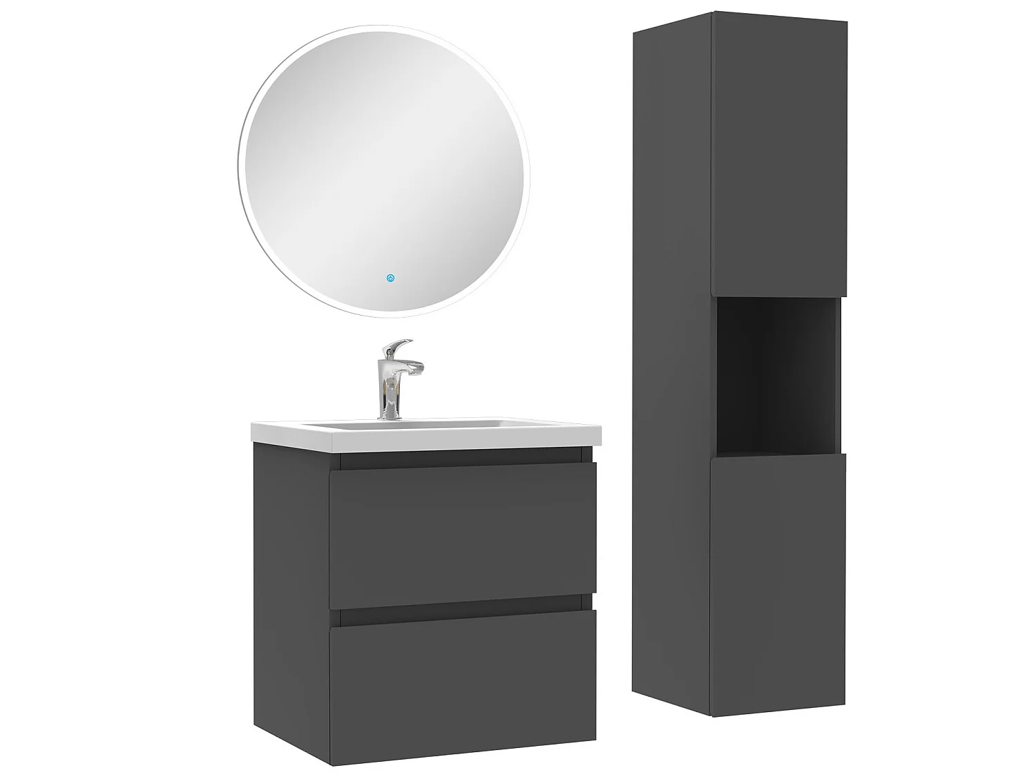 Ensemble meubles simple vasque 50cm,colonne + miroir rond lumineux Anthracite