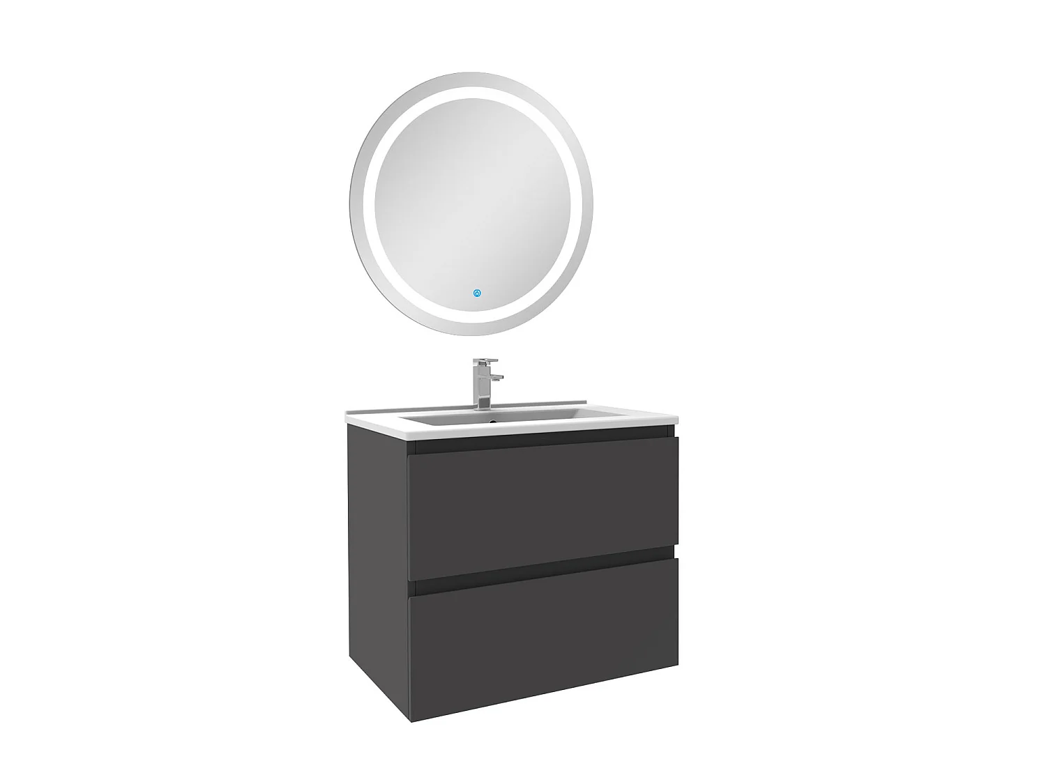 Ensemble meuble Salle de Bain 60cm Anthracite simple vasque + miroir lumineux rond
