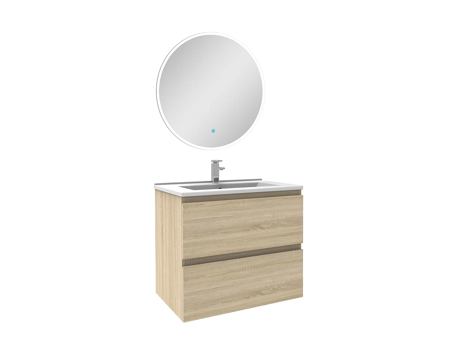 Ensemble meubles Salle de Bain Chêne Wotan 60cm simple vasque + miroir lumineux rond