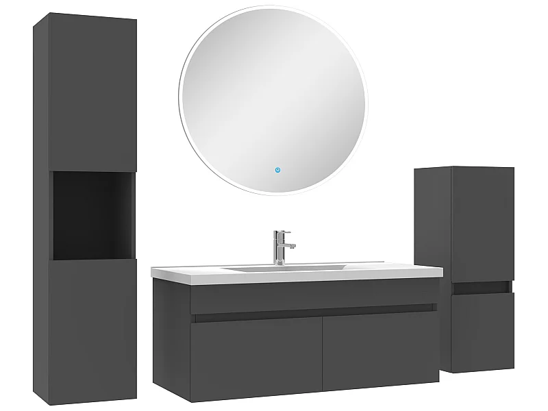 Meubles simple vasque 100cm,meuble acve colonne et miroir rond Anthracite
