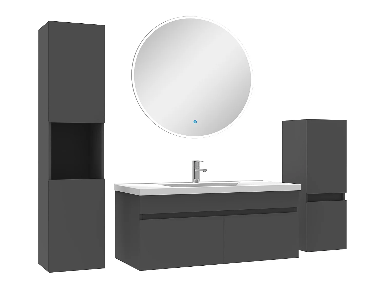 Meubles simple vasque 100cm,meuble acve colonne et miroir rond Anthracite