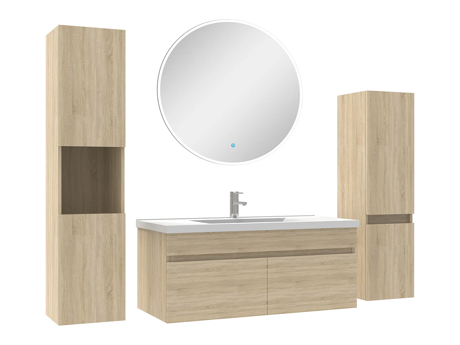 Meuble Salle de Bain Chêne Wotan 100cm simple vasque + colonne + miroir rond LED