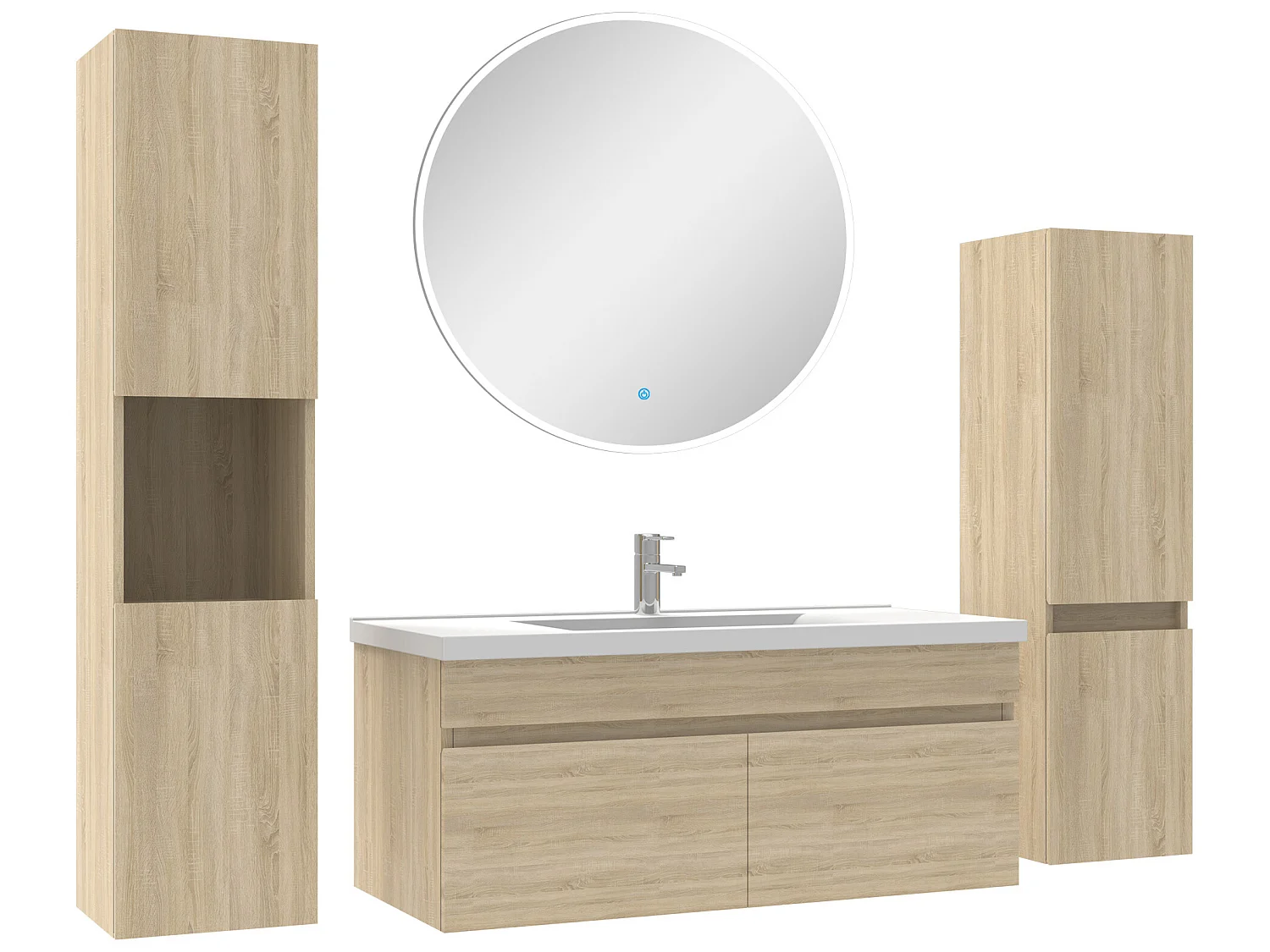 Meuble Salle de Bain Chêne Wotan 100cm simple vasque + colonne + miroir rond LED