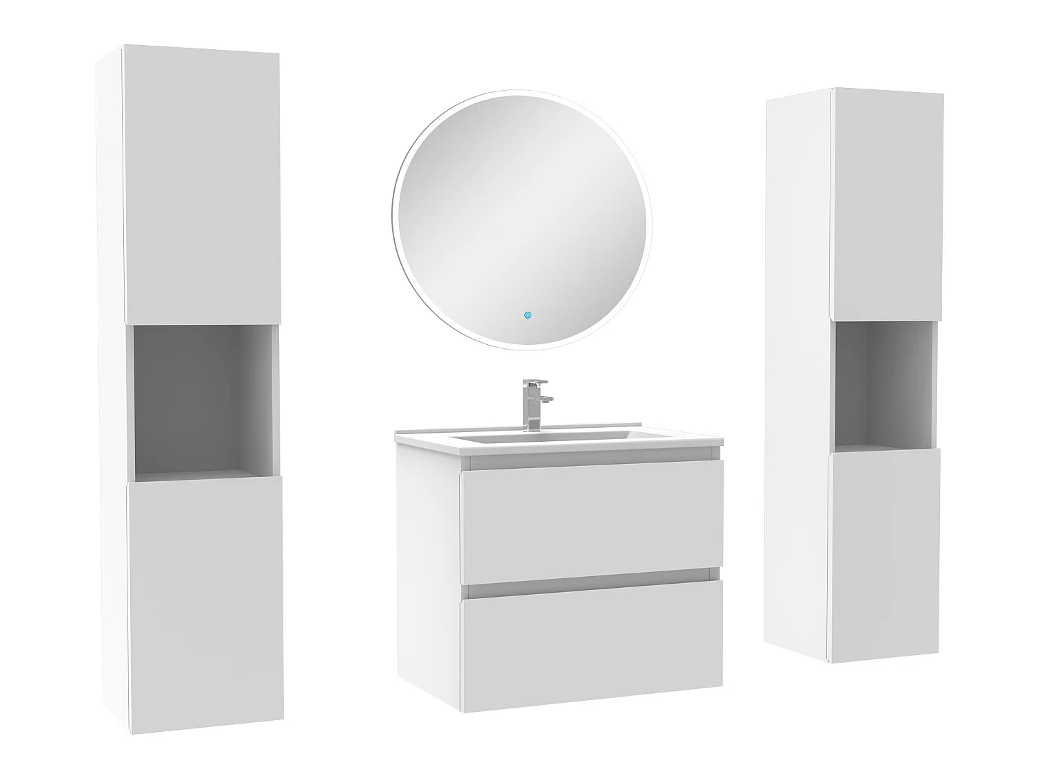 Ensemble meubles Salle de Bain avec colonne et miroir rond mural 60cm meuble blanc