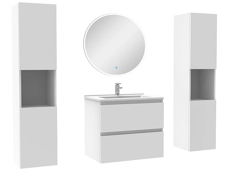 Ensemble meubles Salle de Bain avec colonne et miroir rond mural 60cm meuble blanc