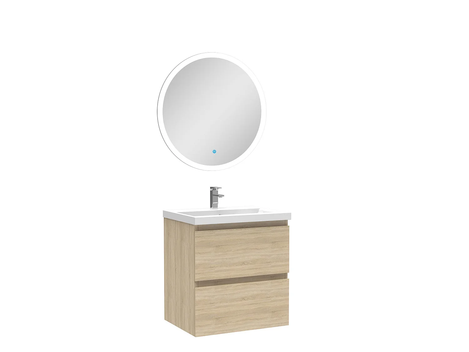 Ensemble meuble Salle de Bain Chêne Wotan 50cm simple vasque + miroir lumineux rond