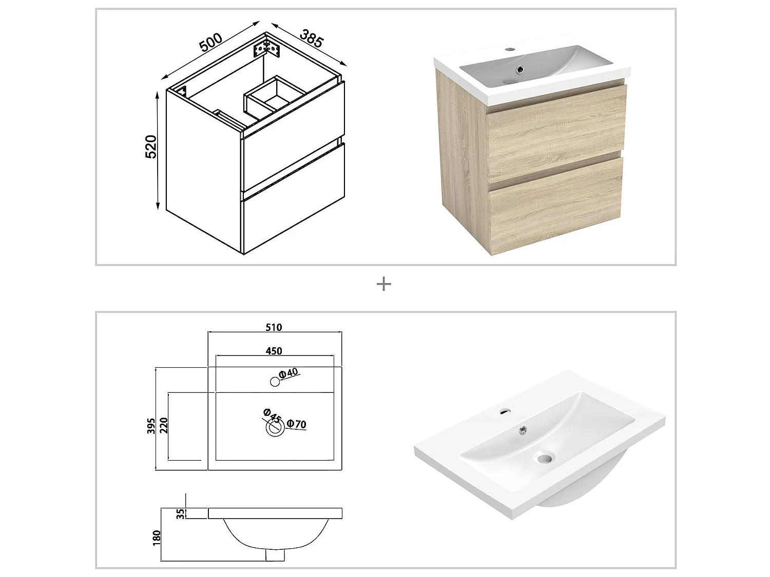 Ensemble meuble Salle de Bain Chêne Wotan 50cm simple vasque + miroir lumineux rond