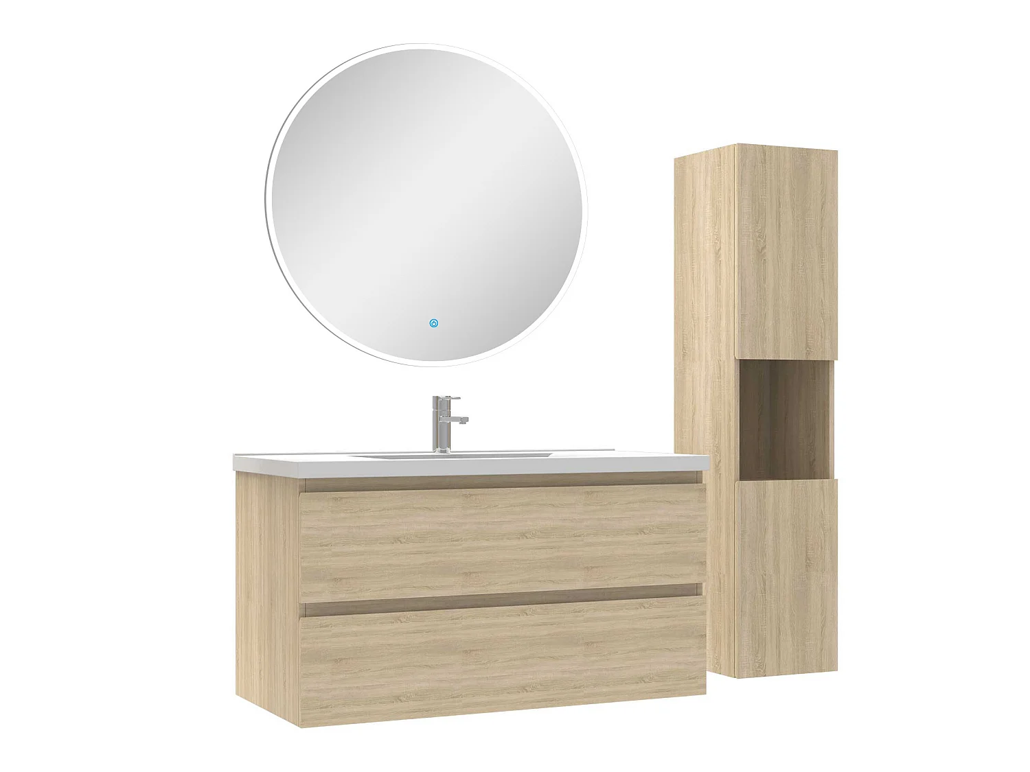 Ensemble meubles simple vasque 100cm,colonne + miroir rond lumineux Chêne Wotan