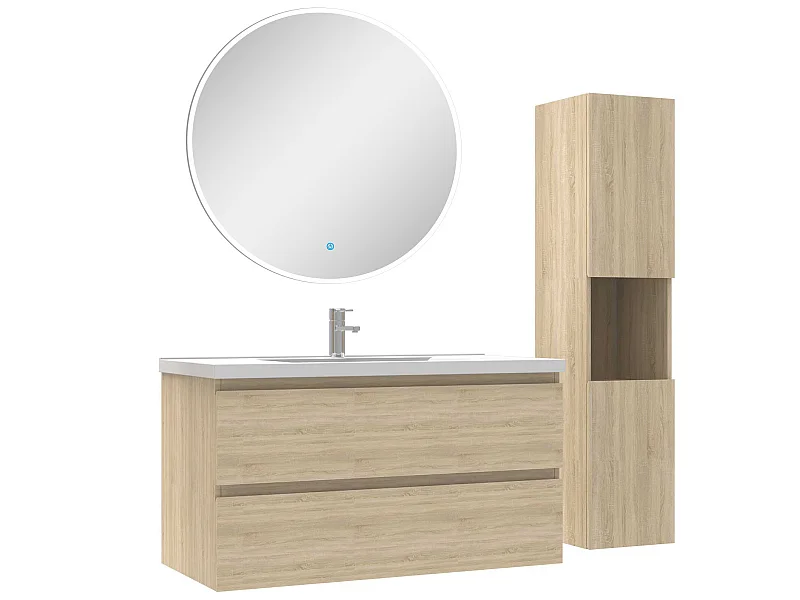 Ensemble meubles simple vasque 100cm,colonne + miroir rond lumineux Chêne Wotan