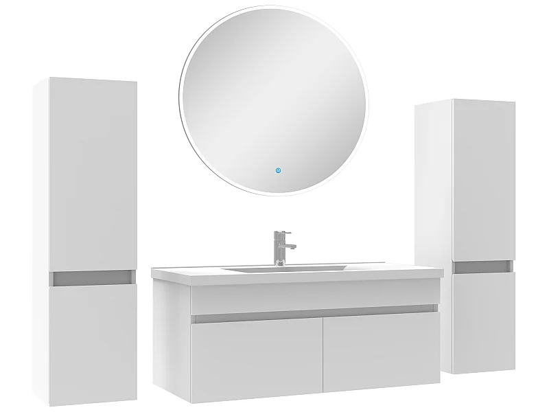 Ensemble meubles Salle de Bain simple vasque 100cm, colonnex2 + miroir rond Blanc