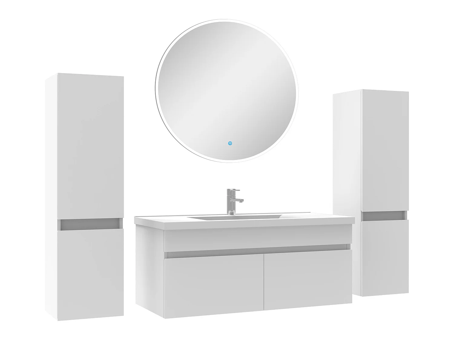 Ensemble meubles Salle de Bain simple vasque 100cm, colonnex2 + miroir rond Blanc