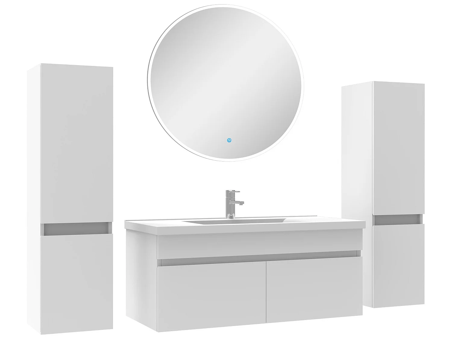 Ensemble meubles Salle de Bain simple vasque 100cm, colonnex2 + miroir rond Blanc