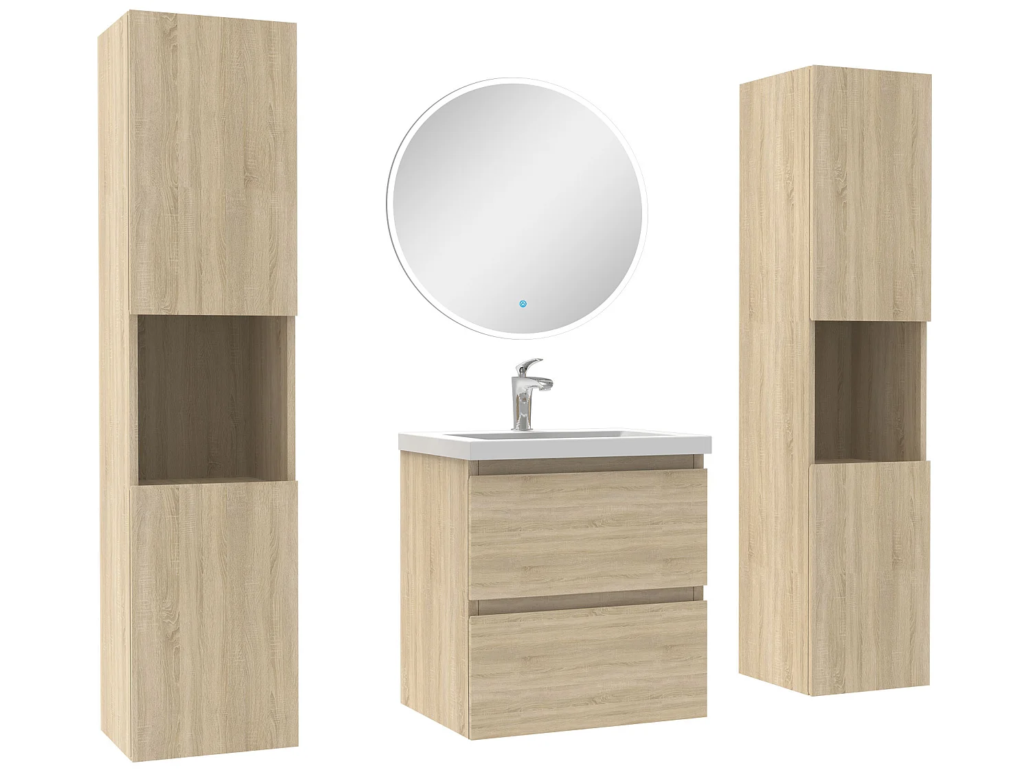 Ensemble meubles Salle de Bain avec colonne et miroir rond mural 50cm meuble Chêne Wotan