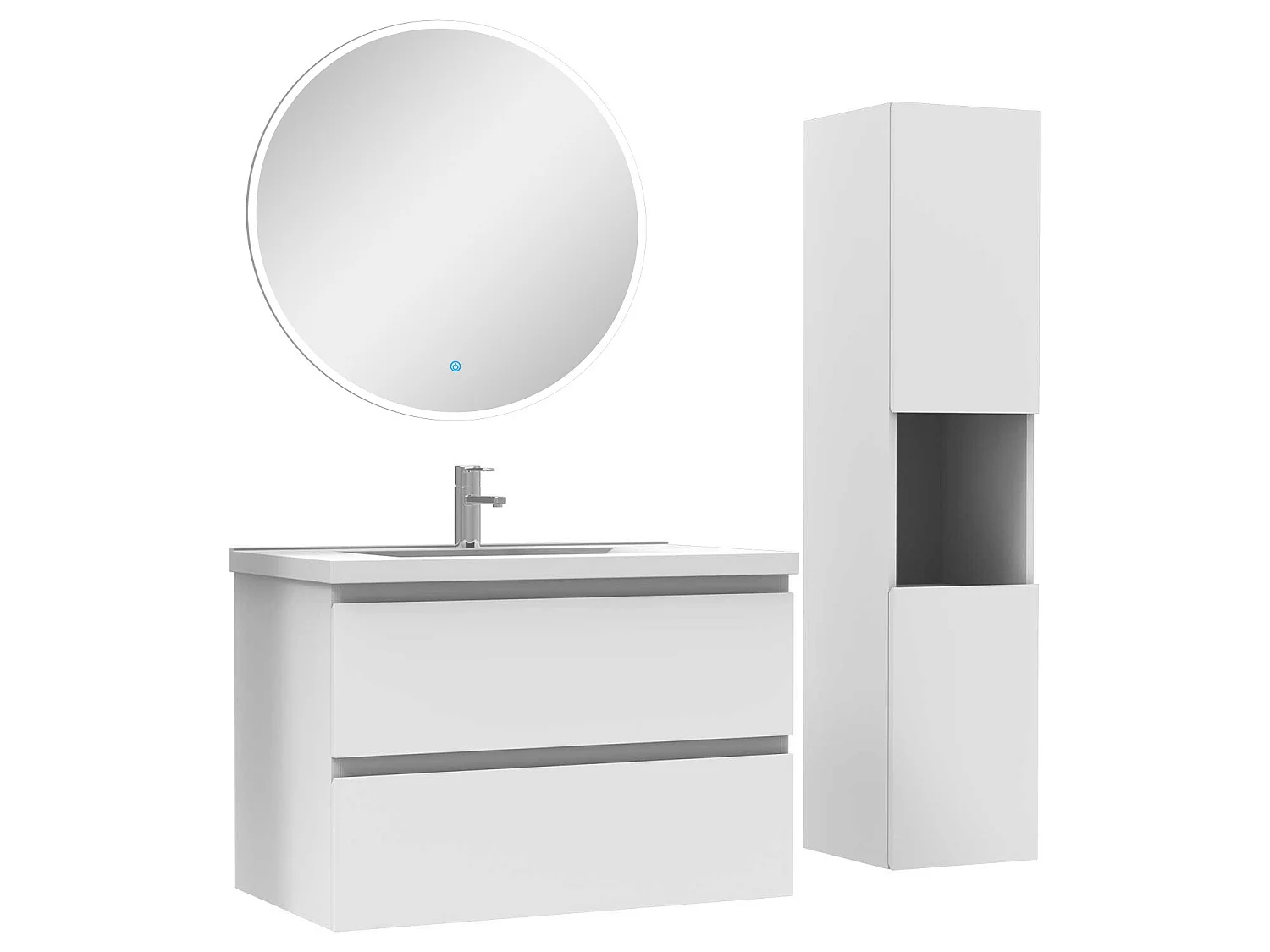 Ensemble meubles simple vasque 80cm,colonne + miroir rond lumineux Blanc