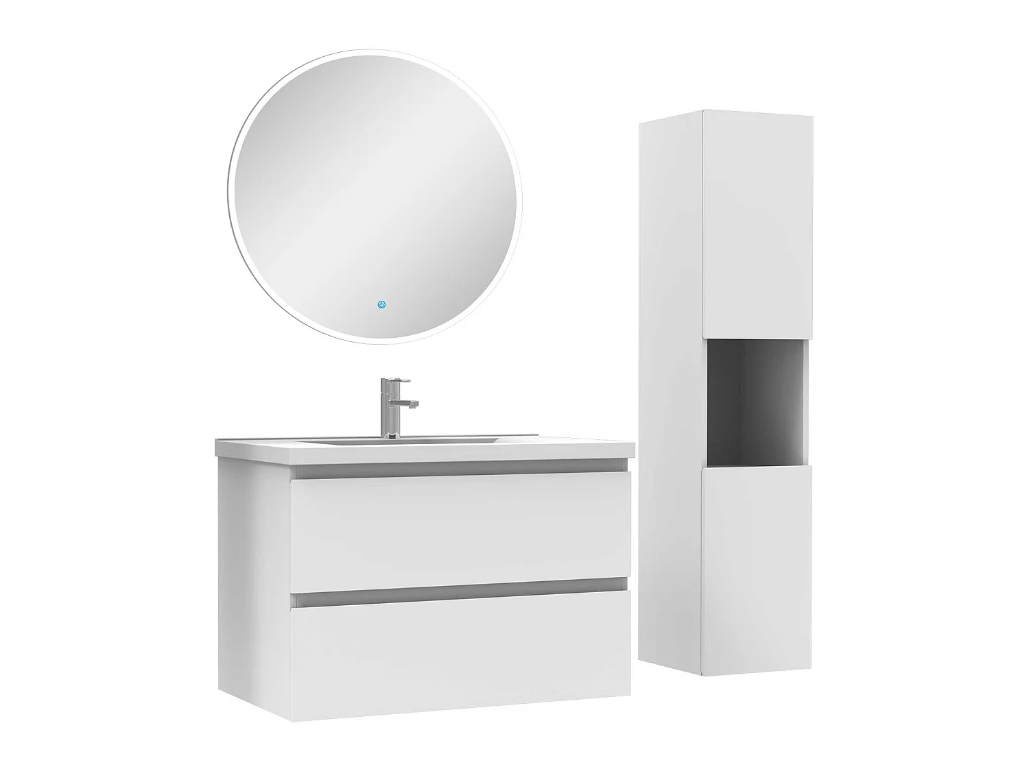 Ensemble meubles simple vasque 80cm,colonne + miroir rond lumineux Blanc