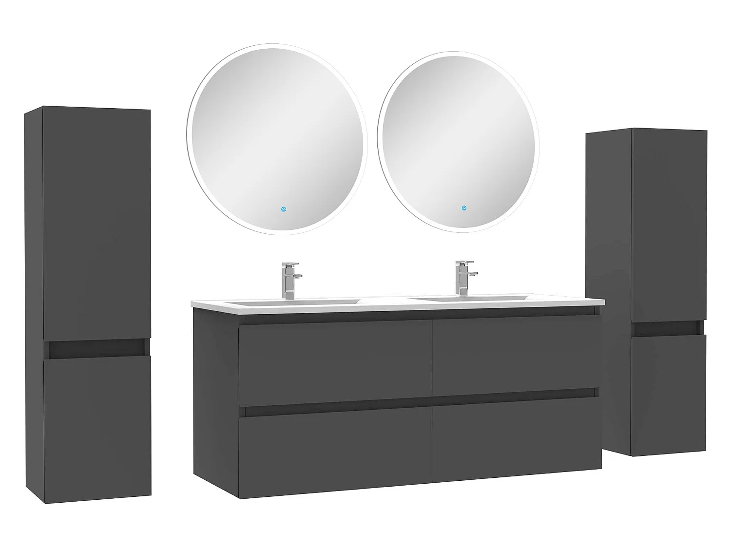 Ensemble meubles Salle de Bain avec colonne + miroir rond mural 120cm meuble Anthracite