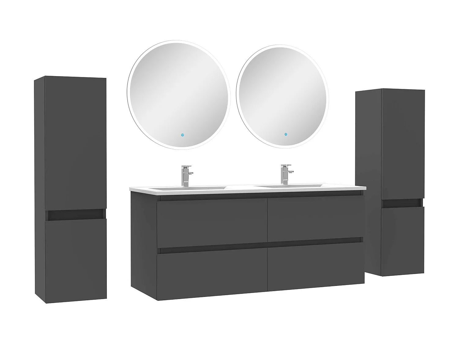 Ensemble meubles Salle de Bain avec colonne + miroir rond mural 120cm meuble Anthracite