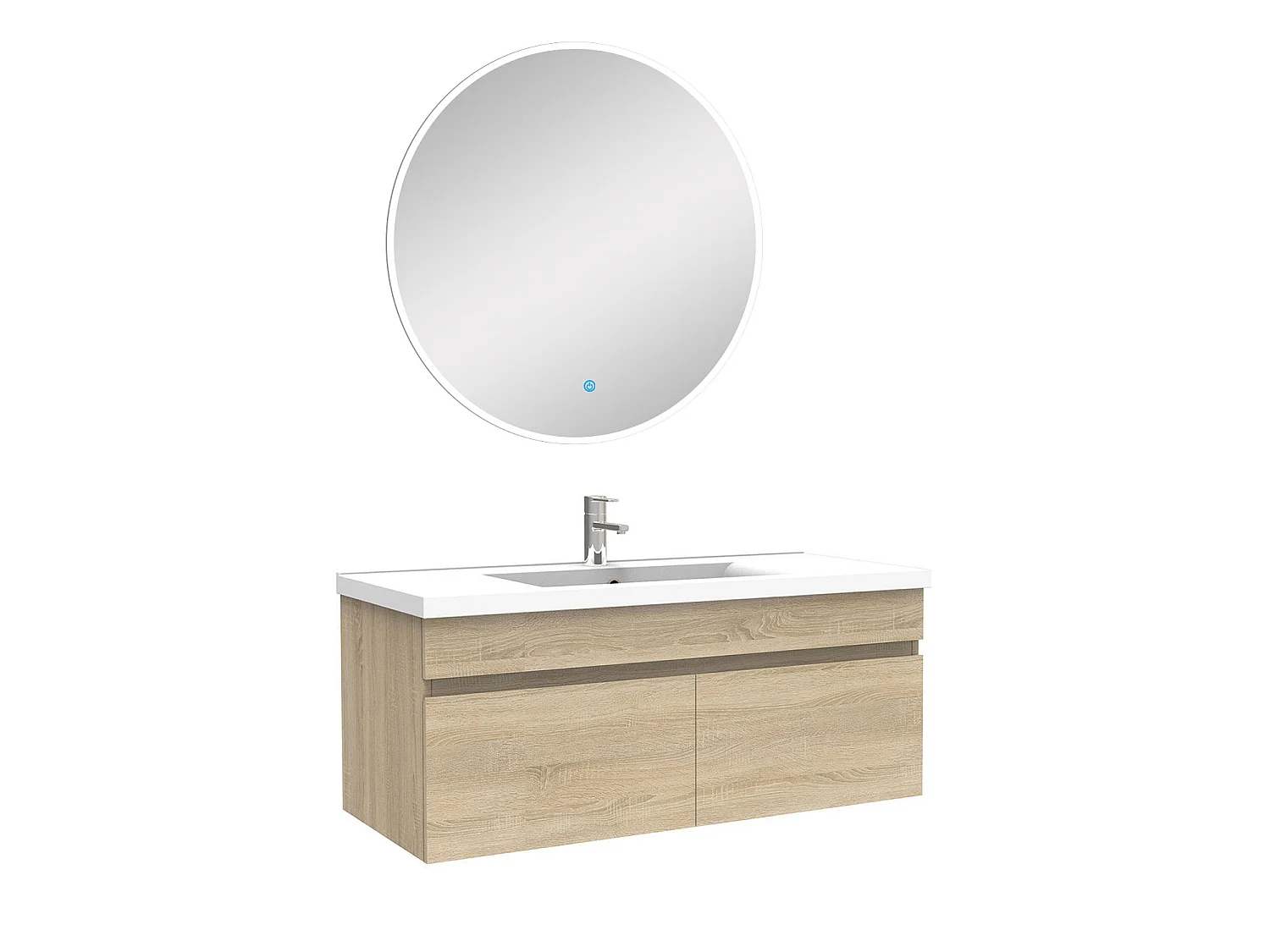 Ensemble meubles Salle de Bain simple vasque 100cm + miroir rond lumineux Chêne Wotan