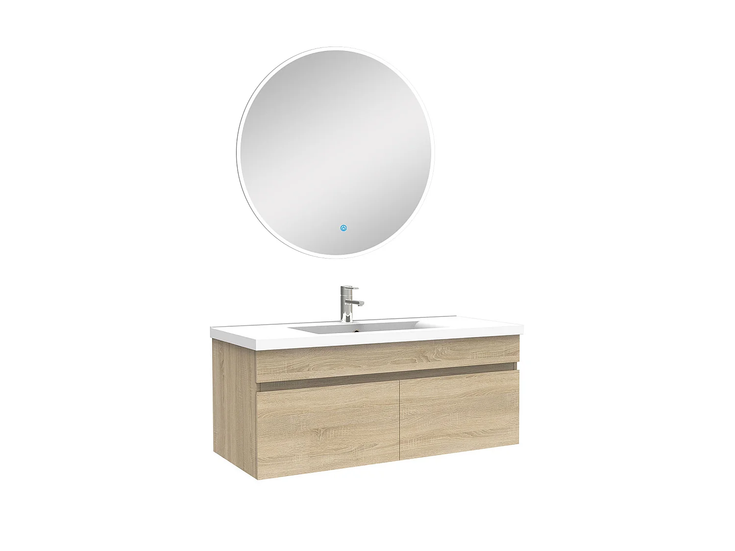 Ensemble meubles Salle de Bain simple vasque 100cm + miroir rond lumineux Chêne Wotan