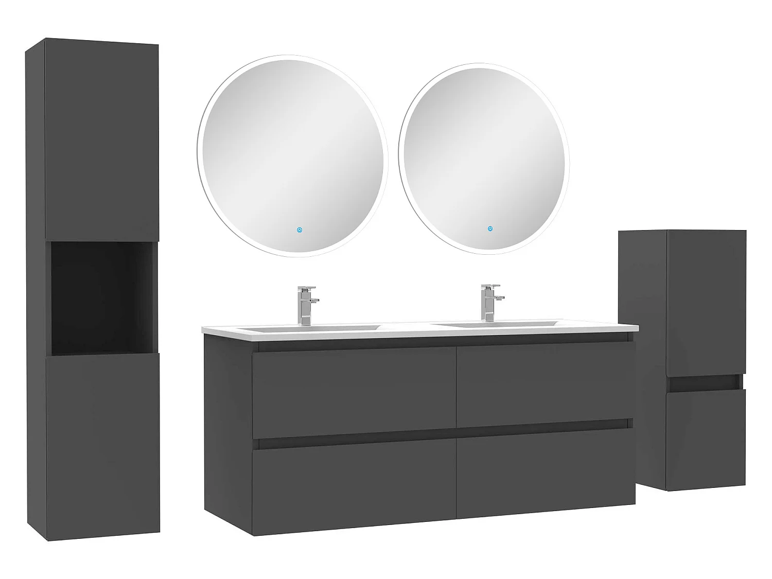 Ensemble meubles Salle de Bain 120cm double vasque + colonne + miroir rond mural Anthracite