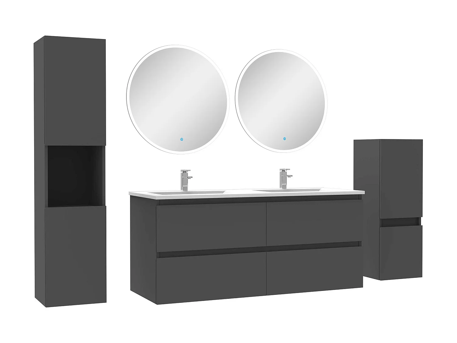 Ensemble meubles Salle de Bain 120cm double vasque + colonne + miroir rond mural Anthracite