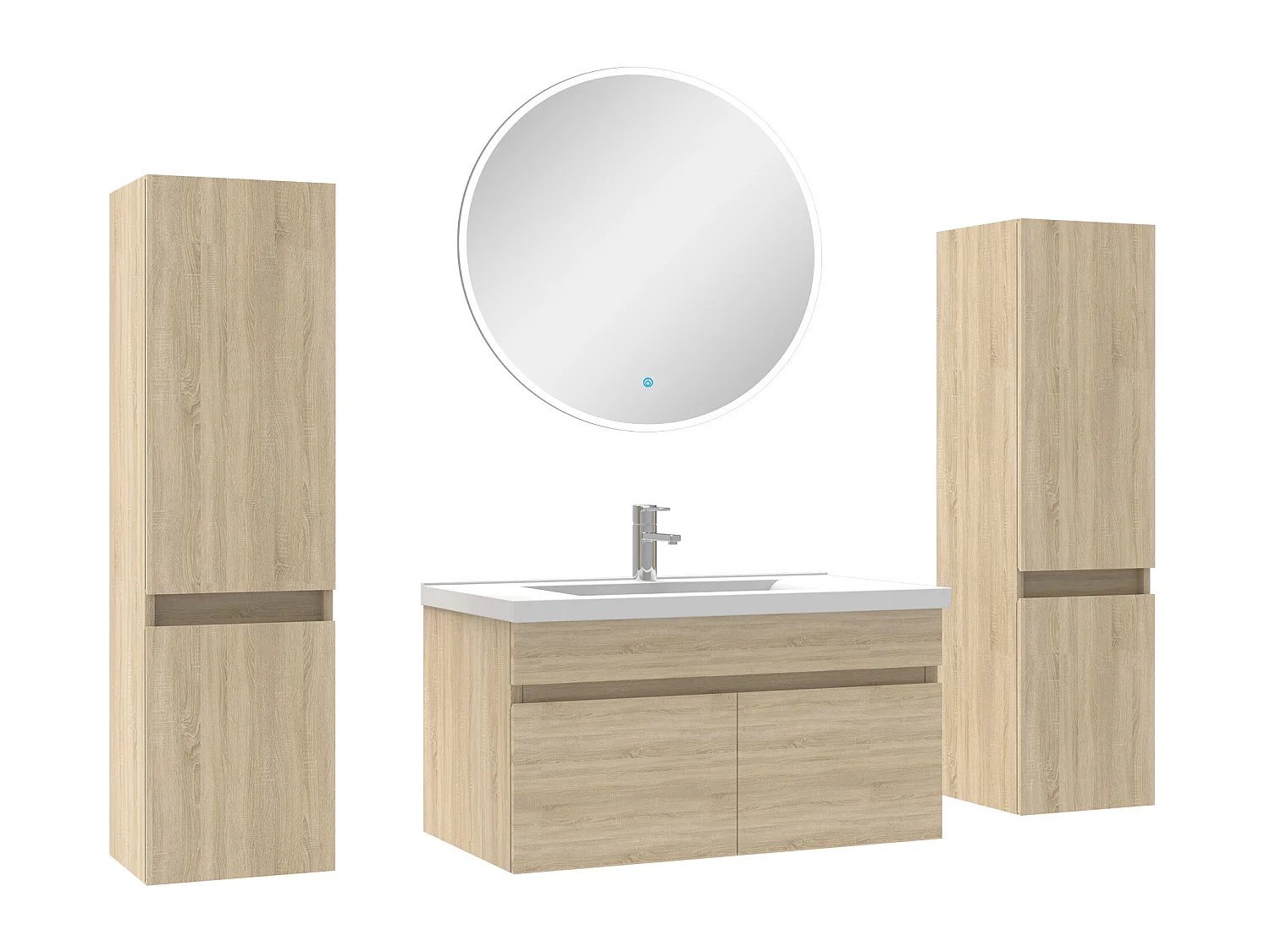 Ensemble meubles Salle de Bain simple vasque 80cm, colonnex2 + miroir rond Chêne Wotan