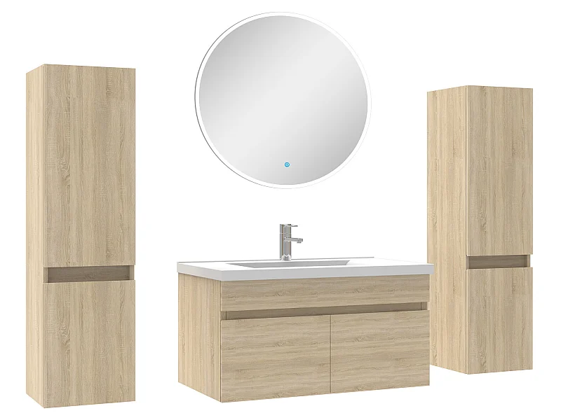 Ensemble meubles Salle de Bain simple vasque 80cm, colonnex2 + miroir rond Chêne Wotan